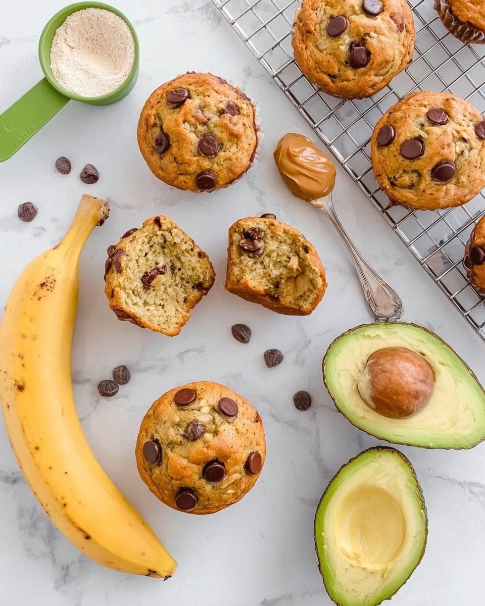The image shows a white marbled surface with four round banana chocolate chip muffins that are golden brown with chocolate chips on top and inside. Two of the muffins are whole, and two are broken in half, revealing a soft, moist inside with chocolate chips. There is a whole yellow banana placed diagonally near the muffins, and next to it is a silver spoon with a smooth, creamy dollop of peanut butter. To the right, there are two halves of a green avocado with a large brown seed in one half. A white wire cooling rack holds three more muffins on the right side, and a small green measuring cup filled with a light-colored powder or flour is on the top left. The setup is bright and clean. Photo taken with an iphone --ar 4:5 --v 7