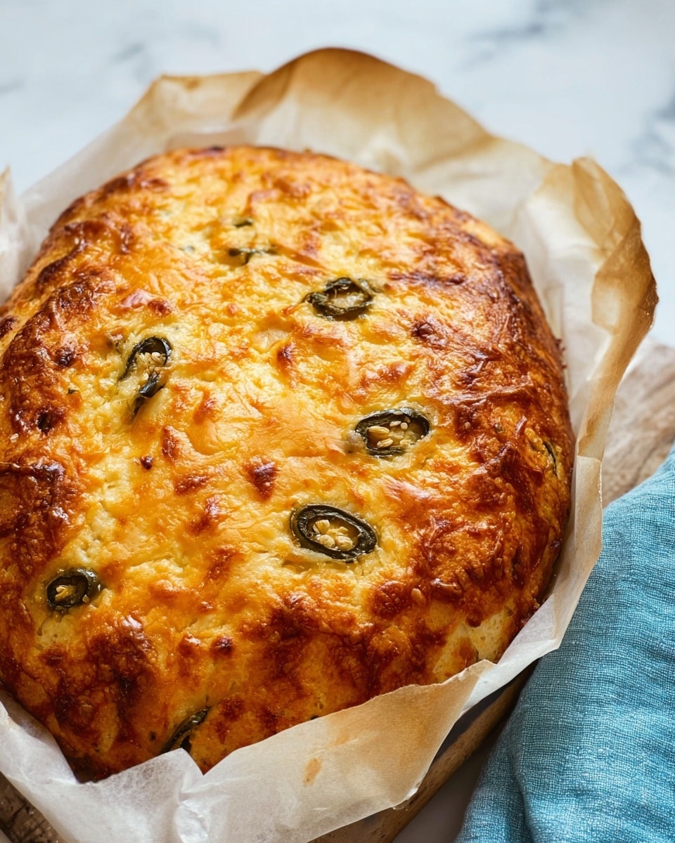 The image shows a close-up of a golden brown baked dish with a slightly uneven surface texture, covered in melted, browned cheese that creates a bubbly, crispy top layer. On the surface, there are several slices of dark green jalapeño peppers embedded, adding contrast to the warm orange and yellow tones of the cheese. The dish is sitting on a white parchment paper inside a baking tray, with the edges of the paper slightly wrinkled. A light blue cloth is partially visible on the right side near the tray, and the whole scene is set against a white marbled surface in soft natural light. photo taken with an iphone --ar 4:5 --v 7