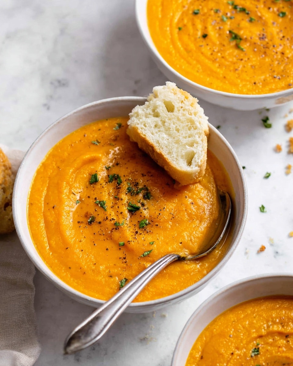 The image shows two white bowls filled with a smooth, thick orange soup, likely carrot or pumpkin, with some fresh green herb sprinkles and a dash of black pepper on top. Each bowl has a shiny silver spoon resting inside, partially covered by the soup's surface. One bowl in the foreground has a piece of soft, torn white bread dipped into the soup, placed on the edge of the bowl. The bowls sit on a white marbled surface with some scattered bread crumbs around, giving a fresh and cozy feel. Photo taken with an iphone --ar 4:5 --v 7