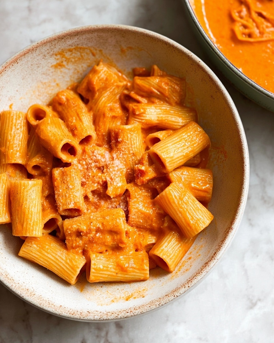 A close-up view of rigatoni pasta coated in a creamy, smooth orange tomato sauce with small chunks of tomato or meat mixed in, all inside a rustic light beige speckled bowl that shows some sauce residue on its sides, placed on a white marbled surface with another bowl filled with more orange sauce just visible in the top right corner, suggesting a warm and hearty meal. photo taken with an iphone --ar 4:5 --v 7