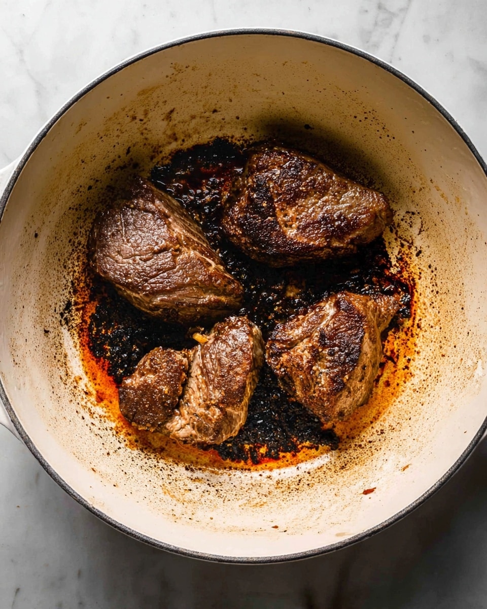 Inside a large white pot, there are four pieces of seared meat with a dark brown crust, each piece showing a slightly different shape and size. The meat is surrounded by blackened and oily browned bits stuck to the white surface of the pot, with some darker burnt spots near the edges. The pot's inside is cream-colored with visible cooking stains. The background is a white marbled surface. photo taken with an iphone --ar 4:5 --v 7