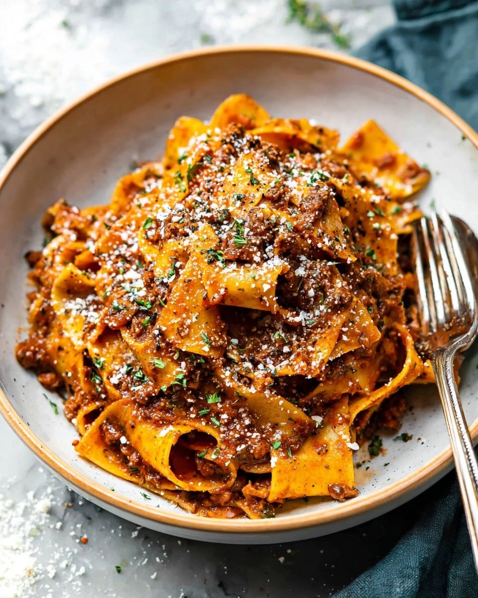A close-up view of a large stack of wide, flat pasta ribbons mixed with a thick brown meat sauce, layered closely together with the sauce coating each ribbon richly. The pasta and sauce have specks of fresh green herbs and small white cheese sprinkles scattered on top, adding texture and contrast. The dish is served in a white bowl with a light brown rim, showing a silver fork and spoon resting on the right side, partially inserted into the pasta. The background surface is a white marbled texture with some scattered rice grains and blurred elements around. photo taken with an iphone --ar 4:5 --v 7