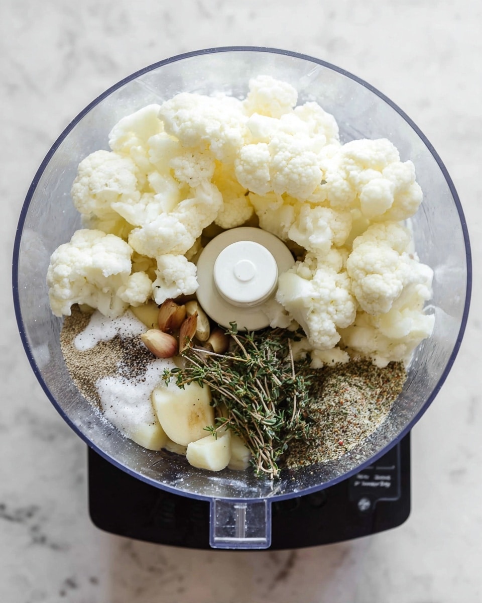 A clear food processor bowl on top of a black base filled with three layers of ingredients: the top layer is white cauliflower florets with a soft textured surface, below that some small brown garlic cloves and green herb sprigs, and sprinkled on the bottom layer is a mix of black pepper and fine white salt crystals; all sits on a white marbled surface photo taken with an iphone --ar 4:5 --v 7