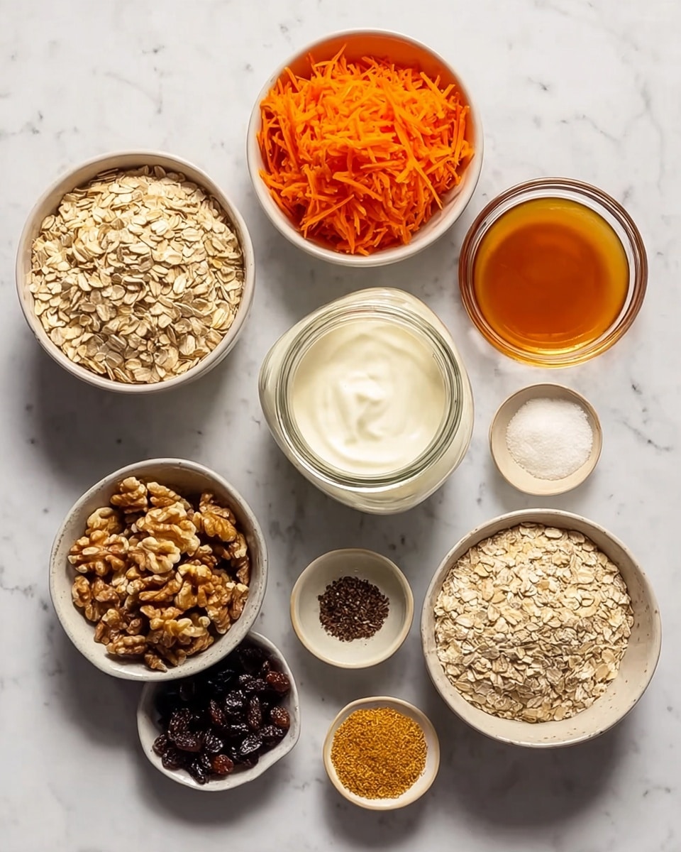 The image shows nine bowls arranged on a white marbled surface. The largest bowl, placed near the bottom right, holds light beige rolled oats. Above it, a medium bowl contains bright orange shredded carrots. To the right of the shredded carrots, there is a small bowl with clear amber liquid. Below this bowl, a glass jar filled with thick white yogurt sits centered. To the right of the yogurt jar, a small bowl contains light cream liquid. Below these, a small bowl holds white and brown spices with a fine powder texture. To the left of it, a small bowl contains dark brown raisins. Below the raisin bowl, another small white bowl is filled with light brown walnut halves. Near the lower center, a very small bowl contains a golden powder, while the smallest bowl to the right holds a small amount of dark brown vanilla bean seeds. photo taken with an iphone --ar 4:5 --v 7