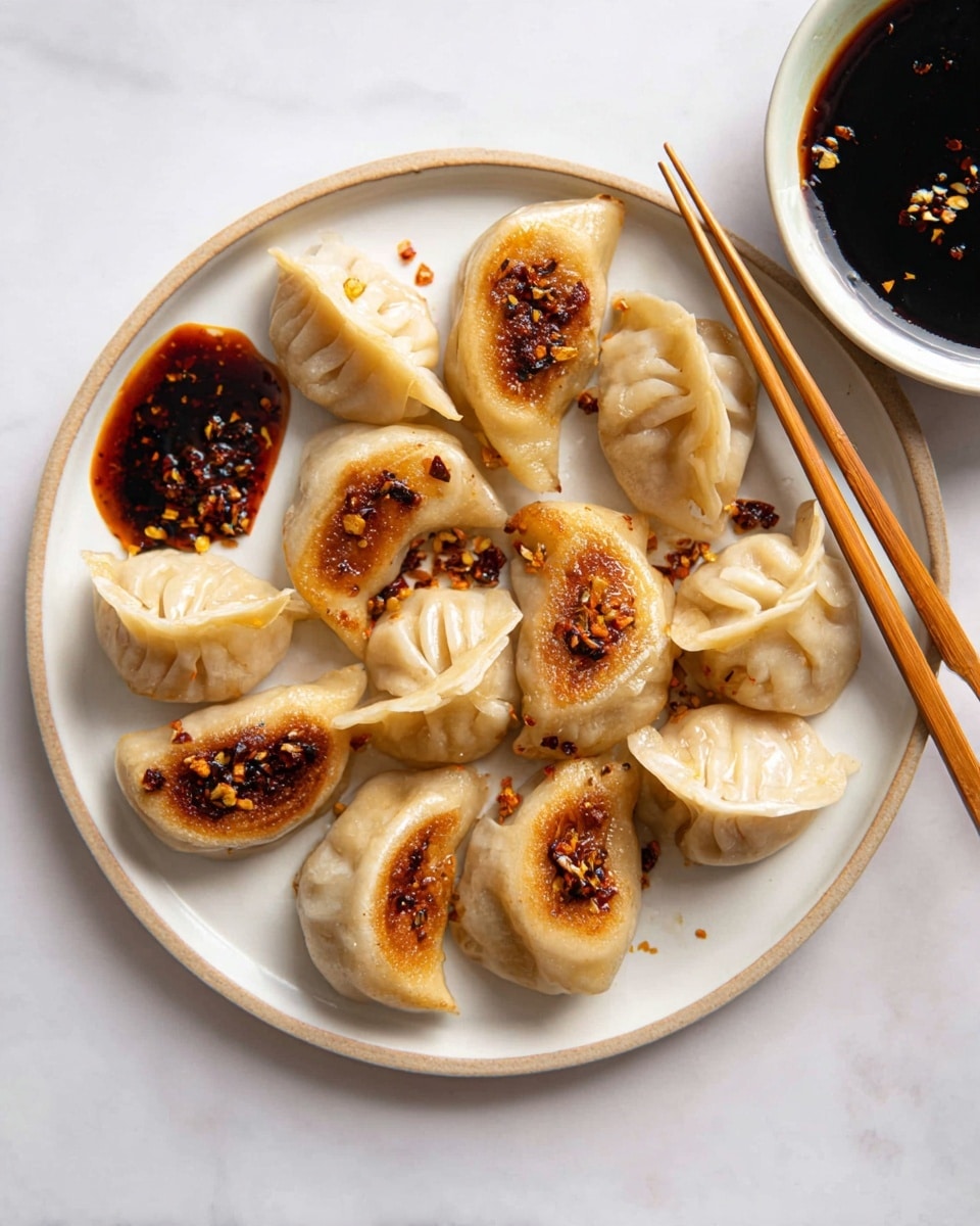 A round white plate holds around twelve dumplings arranged in a loose circle; each dumpling has a beige, soft, slightly wrinkled dough with some parts golden brown and crispy on the bottom. The dumplings have a folded design on top with hints of chili oil and small bits of crunchy chili flakes sprinkled over them. On the left edge of the plate, there is a small dollop of dark chili sauce. Next to the plate on a white marbled surface, two wooden chopsticks rest angled towards the dumplings, and on the upper right, a white bowl contains a dark soy dipping sauce with small light seeds floating on top. Photo taken with an iphone --ar 4:5 --v 7