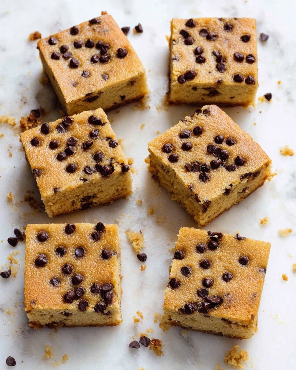 Six square pieces of soft, light brown cake are arranged in two rows on a white marbled surface. Each piece has a smooth top layer studded with small, dark chocolate chips embedded throughout. The cake edges are slightly crumbly and golden, showing a moist inside with an even texture. Some cake crumbs are scattered around the pieces, adding a casual, homemade feel. photo taken with an iphone --ar 4:5 --v 7