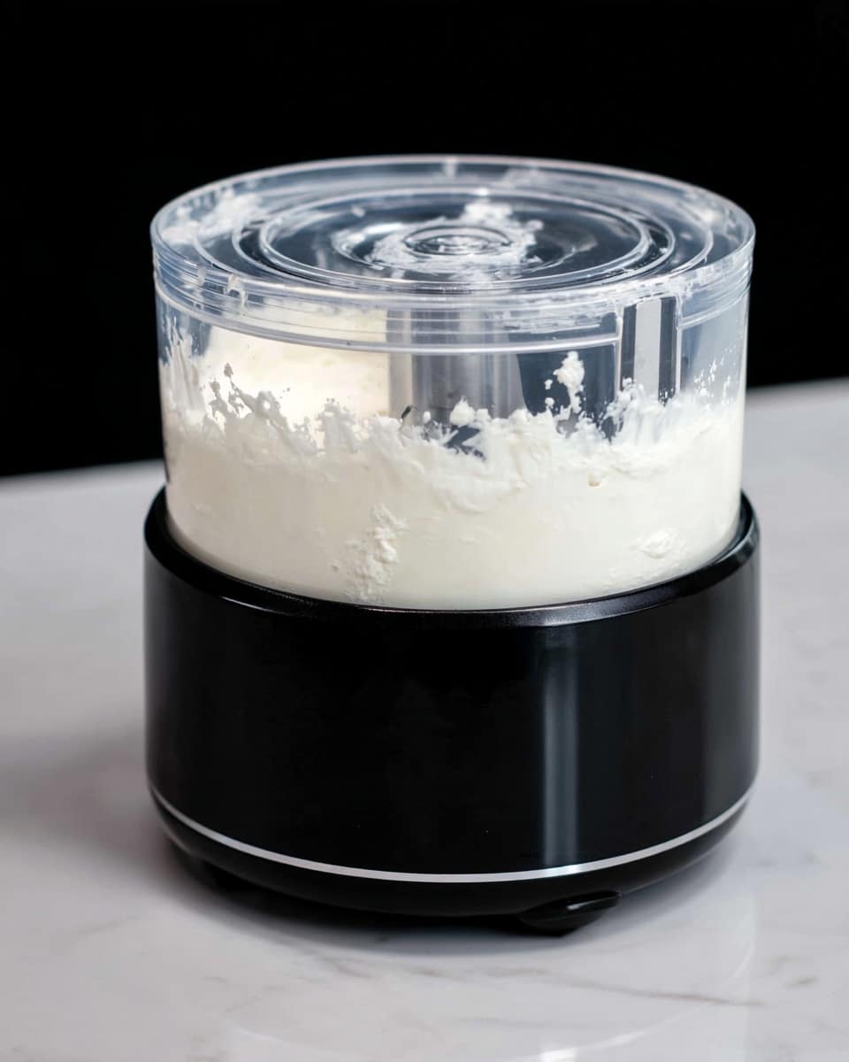 The image shows a close-up of a small black kitchen appliance with a transparent container filled halfway with a thick white creamy mixture. The container has a clear lid on top with a circular design, and some of the white mixture is splattered along the inside edges. The appliance is placed on a white marbled surface with a black background behind it. photo taken with an iphone --ar 4:5 --v 7