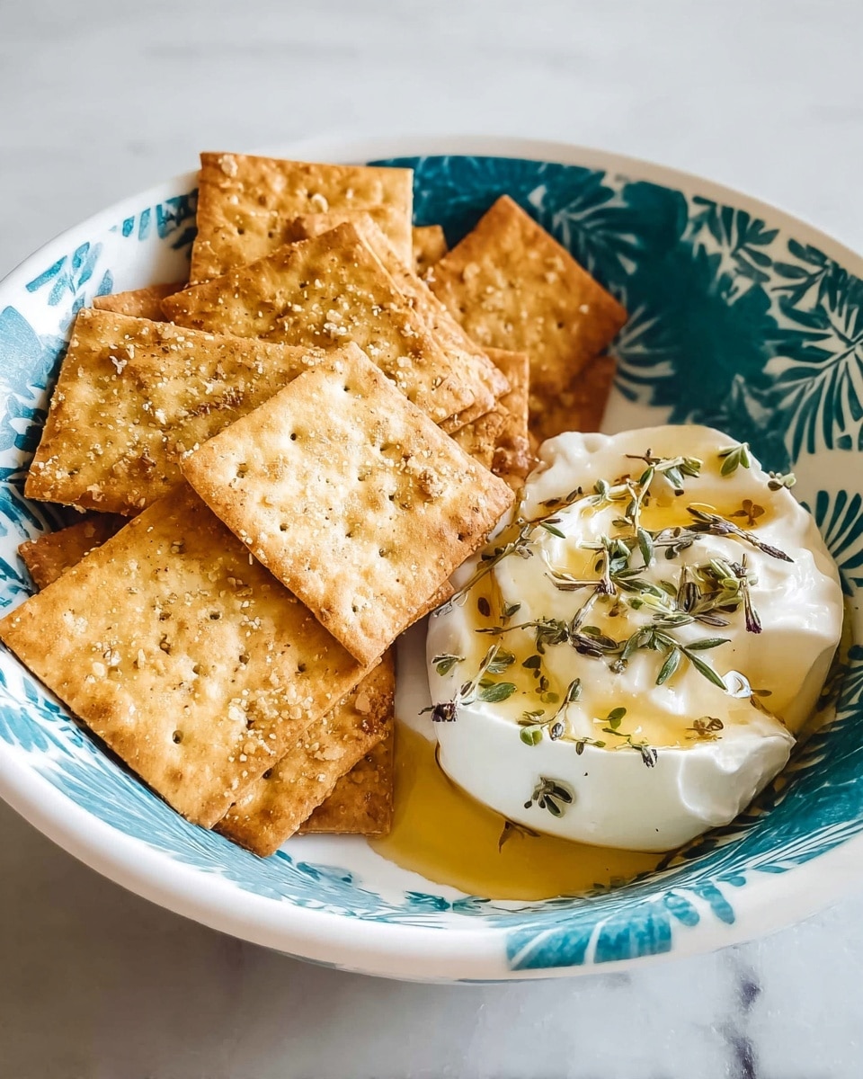 The image shows a white bowl with a teal patterned rim, filled with two main parts. On the left side, there is a neat stack of golden-brown square crackers with a slightly rough texture and light speckles of salt on top. On the right side, there is a dollop of thick white cream topped with small green herb pieces and drizzled with a golden syrup, creating a glossy contrast. The bowl sits on a white marbled surface. photo taken with an iphone --ar 4:5 --v 7