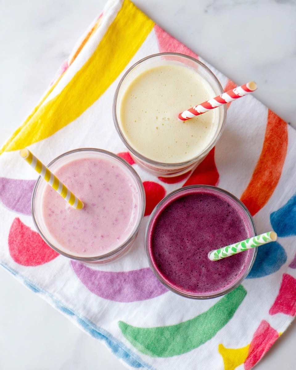 Three clear glasses seen from above hold different colored smoothies: pale pink on the left with a yellow and white striped straw, creamy white in the middle with a red and white striped straw, and deep purple on the right with a green and white striped straw. The glasses rest on a white cloth decorated with bright rainbow patterns in red, pink, yellow, purple, blue, and green. The background is a white marbled surface. photo taken with an iphone --ar 4:5 --v 7