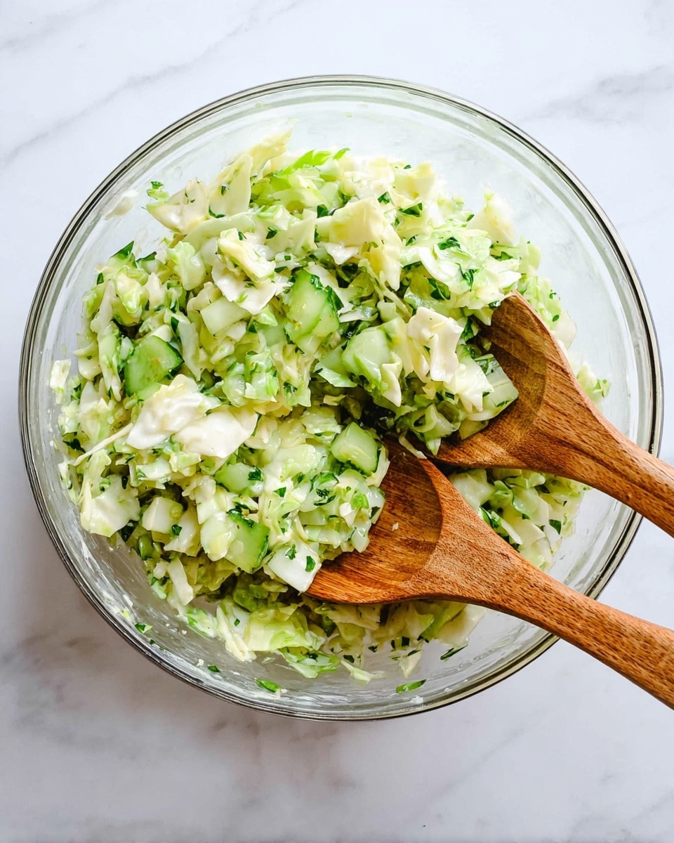 A clear glass bowl filled with a fresh green cabbage salad mixed with chopped cucumber and small green herb pieces, showing a light, slightly wet texture. Two wooden spoons rest in the bowl, partially buried in the salad, one darker and one lighter in color, both textured with wood grain. The bowl sits on a white marbled surface, bright and clean, with soft natural shadows around the bowl. photo taken with an iphone --ar 4:5 --v 7
