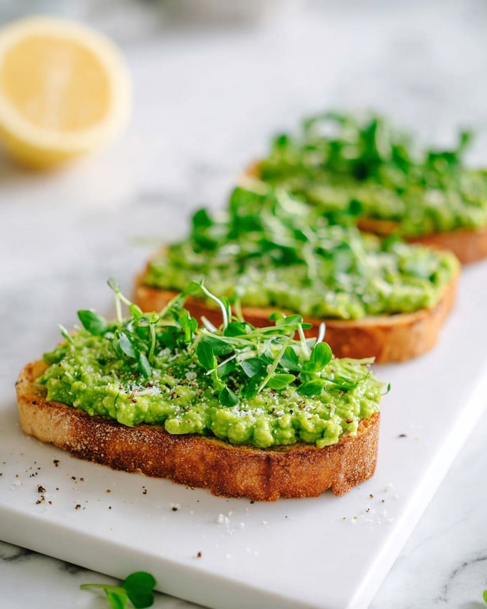 The image shows three slices of golden brown toasted bread placed side by side on a long white plate on a white marble surface. Each slice is topped with a bright green mashed spread that looks like pea or avocado mash, sprinkled lightly with white crumbs and black pepper. On top of the green spread, fresh green pea shoots are added as a garnish, giving each piece a fresh, leafy look. In the background, a lemon wedge is visible but out of focus. The light in the photo is soft and natural, making the colors on the toast look fresh and vibrant. photo taken with an iphone --ar 4:5 --v 7