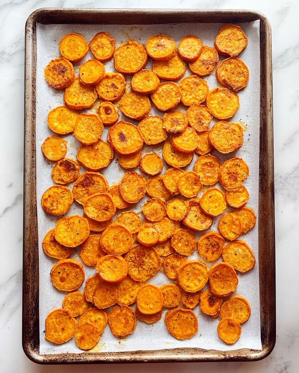 A metal baking tray lined with white parchment paper holds a single layer of evenly spread golden orange, thinly sliced rounds of roasted sweet potatoes. Each slice has a slightly crispy texture with some browning and darker spots showing light caramelization. The sweet potato slices vary a little in size but are mostly uniform, creating a visually appealing pattern. The tray rests on a white marbled surface. photo taken with an iphone --ar 4:5 --v 7