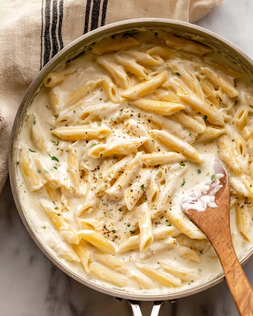 The image shows a close-up of a pan filled with creamy white sauce coated penne pasta. The penne pasta is light yellow, smooth, and cylindrical, mixed evenly in the thick, smooth, white sauce. Small green herb bits and black pepper pieces are sprinkled on top, adding texture and color contrast. A wooden spoon with sauce on it rests inside the pan, partially submerged in the pasta. The pan is set against a white marbled surface, and a beige cloth with black stripes is partially visible in the upper left corner. Photo taken with an iphone --ar 4:5 --v 7