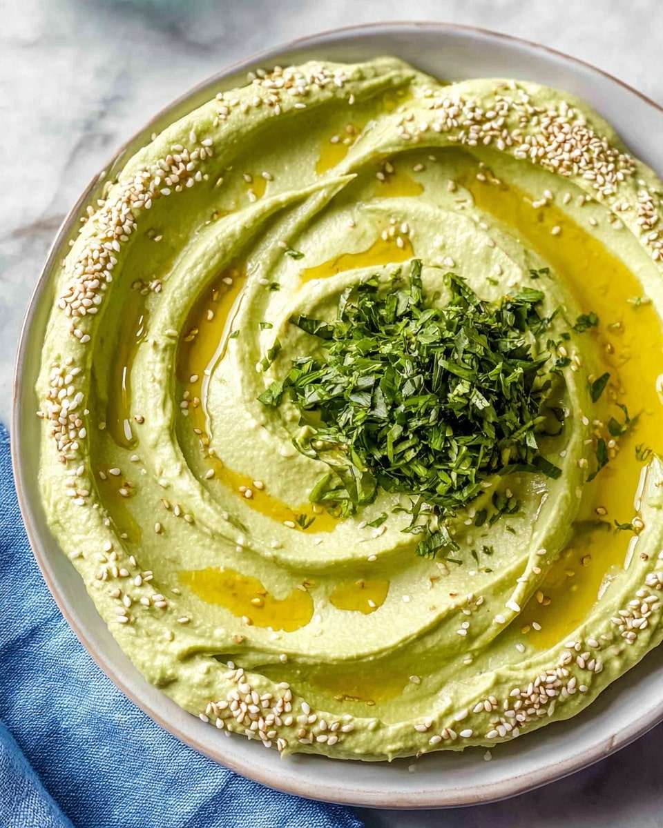 The dish is a smooth, creamy green dip spread in a swirling pattern across a white plate, with white sesame seeds sprinkled around the edge. Pools of golden olive oil fill some of the dips in the swirl, adding shine and color contrast. In the center sits a small pile of finely chopped fresh green herbs, giving a fresh touch to the creamy texture. The plate rests on a white marbled surface with a blue cloth partially visible underneath. photo taken with an iphone --ar 4:5 --v 7
