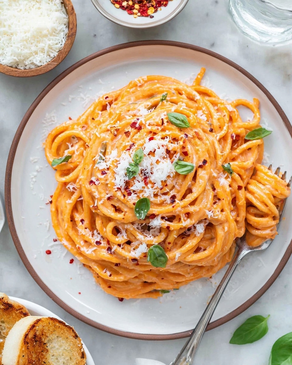 A white plate with a brown rim holds a pile of orange creamy pasta twisted into thick loops. The pasta is topped with white grated cheese scattered unevenly and small green basil leaves. There are red pepper flakes sprinkled on the pasta, adding tiny red specks. Near the plate, on a white marbled surface, there are small bowls with white shredded cheese and red chili flakes, and some toasted bread pieces are visible on the side. A silver fork rests on the right edge of the plate. The photo taken with an iphone --ar 4:5 --v 7