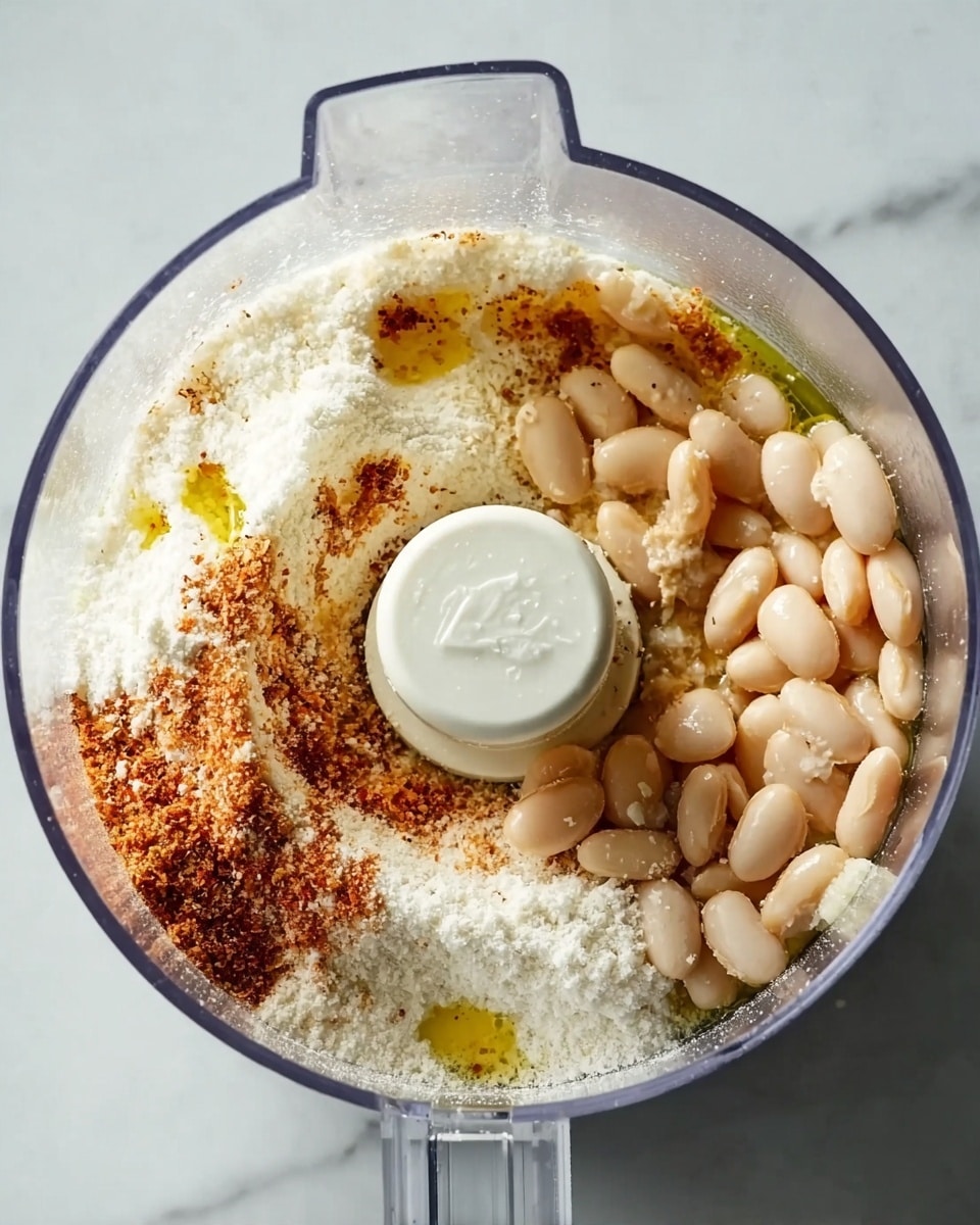The image shows a close-up top view inside a clear food processor bowl placed on a white marbled surface. Inside, there are four visible layers: white beans on the right side with an off-white color and smooth texture; a powdery white layer that looks like flour or grated cheese evenly spread underneath; a layer of ground reddish-brown spices sprinkled over the white layer mostly on the left side; and a drizzle of yellowish oil scattered in patches mainly over the beans. The central food processor blade and its white plastic holder are visible but not covered by ingredients. Photo taken with an iphone --ar 4:5 --v 7
