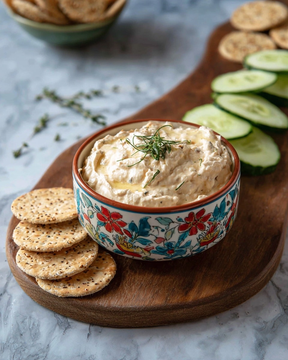 The image shows a decorative bowl filled with a creamy, pale beige dip topped with a small sprig of green herbs in the center. The bowl has colorful floral patterns in red, blue, and green around the inside rim. The bowl is placed on a wooden board, which also holds several round, light brown crackers with visible seeds and a row of thin, green cucumber slices behind them. The setting is on a white marbled surface with a blurred background that includes more crackers in a bowl and some scattered herb sprigs. Photo taken with an iphone --ar 4:5 --v 7