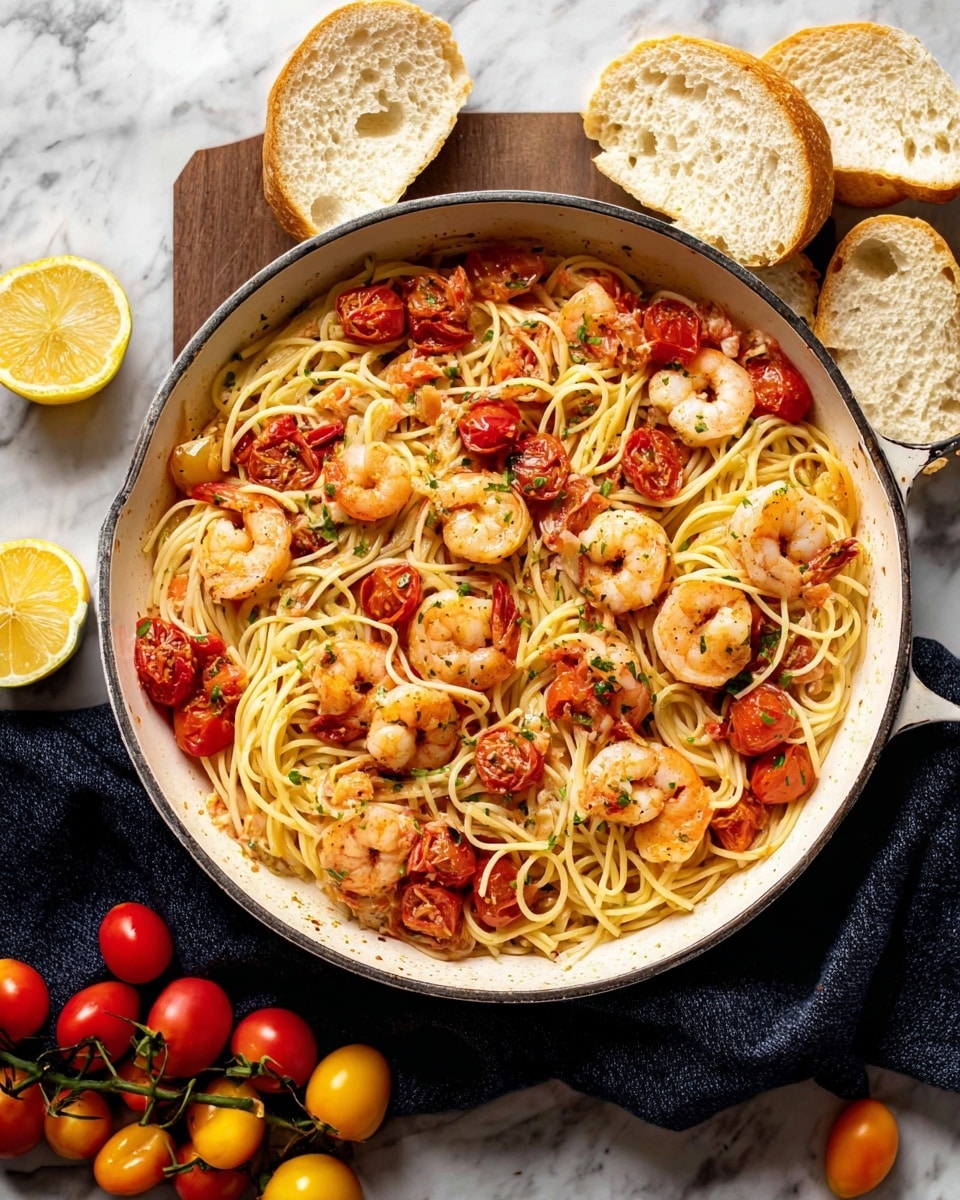 A large white pan filled with a shrimp pasta dish, showing two main layers: a base layer of light yellow spaghetti noodles, and a top layer of plump, cooked shrimp with a golden-brown color interspersed with bright red cherry tomatoes, some whole and some sliced in half, all mixed with bits of green herbs and a light sauce coating the ingredients. The pan sits on a white marbled surface, accompanied by slices of light brown bread with airy holes on the right side, a bunch of yellow and red cherry tomatoes at the bottom right, a couple of lemon halves at the bottom left, and a cluster of red tomatoes on the vine placed on a dark cloth near the pan. photo taken with an iphone --ar 4:5 --v 7