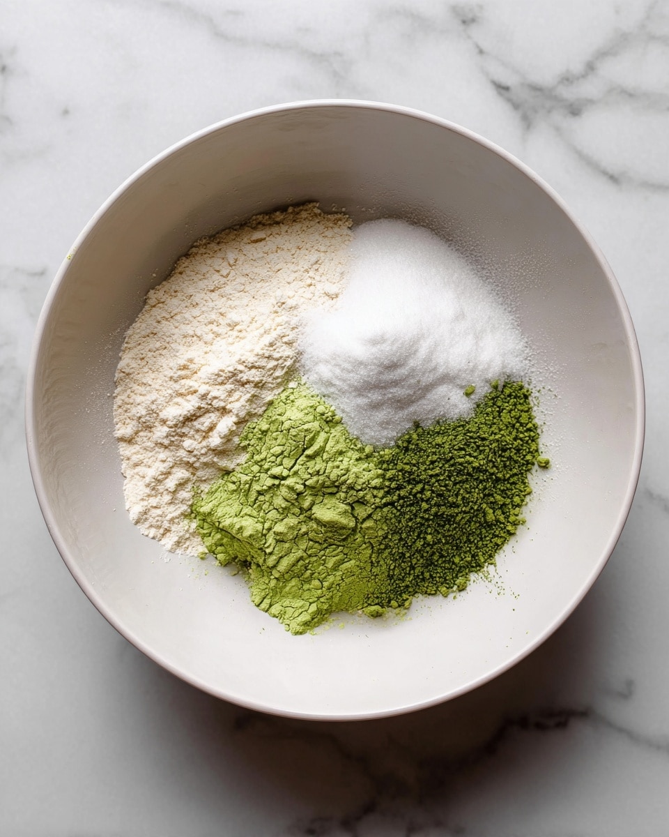 A top view of a large white bowl on a white marbled surface, filled with four separate piles of dry ingredients arranged in a circle. The mixtures include a light beige flour, a finely textured bright green matcha powder, a white granulated sugar, and a small mound of white baking powder or soda on top of the sugar. The powders have soft and dry textures with slight uneven edges where they meet, creating a colorful contrast between the green and the white shades. Photo taken with an iphone --ar 4:5 --v 7