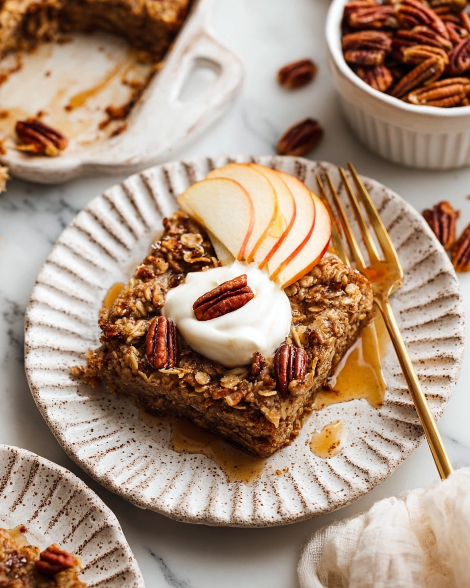 A square piece of baked oatmeal topped with two thin apple slices arranged in a curve on the right side, a dollop of white cream topped with a light drizzle of syrup and small pecan pieces in the center, all placed on a white speckled plate with ridged edges. The oatmeal is textured with visible oats and scattered pecans, showing a golden brown color. A gold fork lies at the top right edge of the plate which sits on a white marbled surface. In the background, there is a white bowl filled with pecans and another plate with a partially eaten piece of the baked oatmeal. photo taken with an iphone --ar 4:5 --v 7