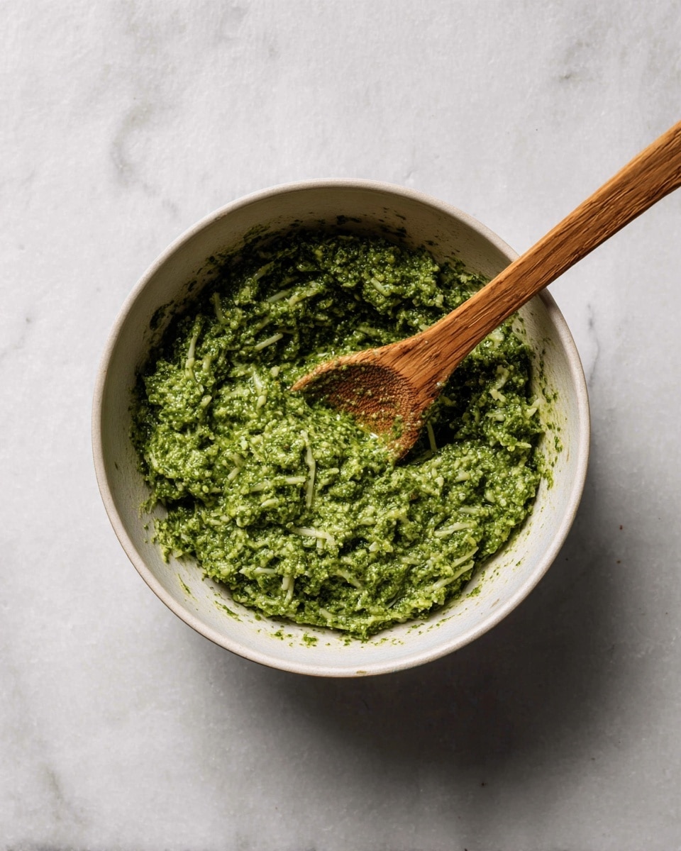 A bowl with one layer of green pesto mixed with small pieces of shredded cheese inside, showing a thick and slightly coarse texture, placed on a white marbled surface. A wooden spoon with a smooth, natural finish is partly inside the bowl, mixing the pesto. The bowl is white and has a simple, clean shape. photo taken with an iphone --ar 4:5 --v 7