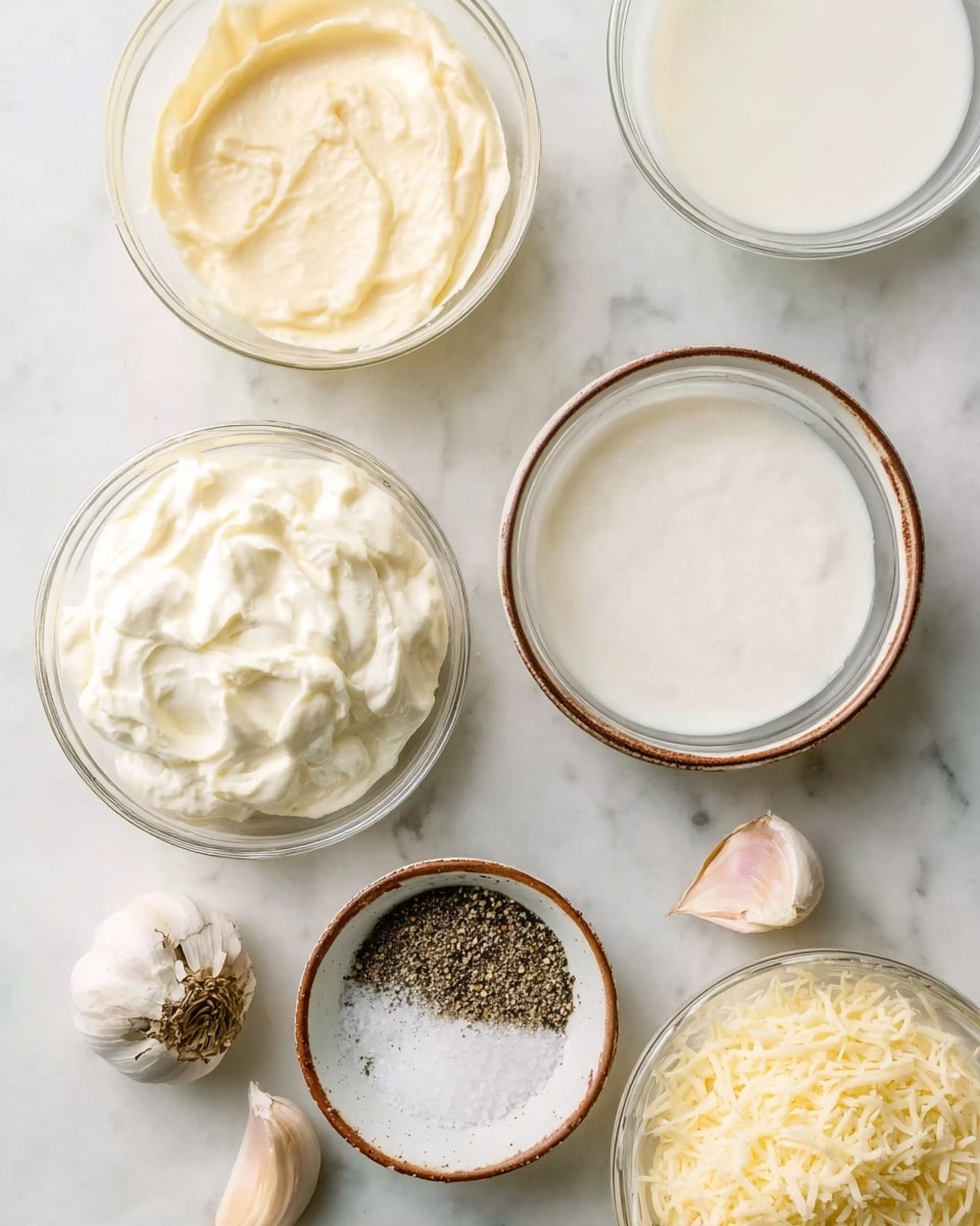 The image shows six clear glass bowls and two white bowls with brown rims set on a white marbled surface. The upper left bowl contains a thick, pale yellow sauce with a smooth texture. Below it, the bowl holds a thick, white creamy mixture with soft peaks. To the right on the top row, a small bowl is filled with a clear, milky liquid. Another similar bowl below it also contains a clear white liquid. In the center, there is a small white bowl with brown rims holding a pile of fine black pepper on the left and white salt on the right. Two cloves of garlic rest on the surface to the left near the bowls. The bottom white bowl with brown rims contains a pile of finely grated pale yellow cheese with a soft texture. photo taken with an iphone --ar 4:5 --v 7