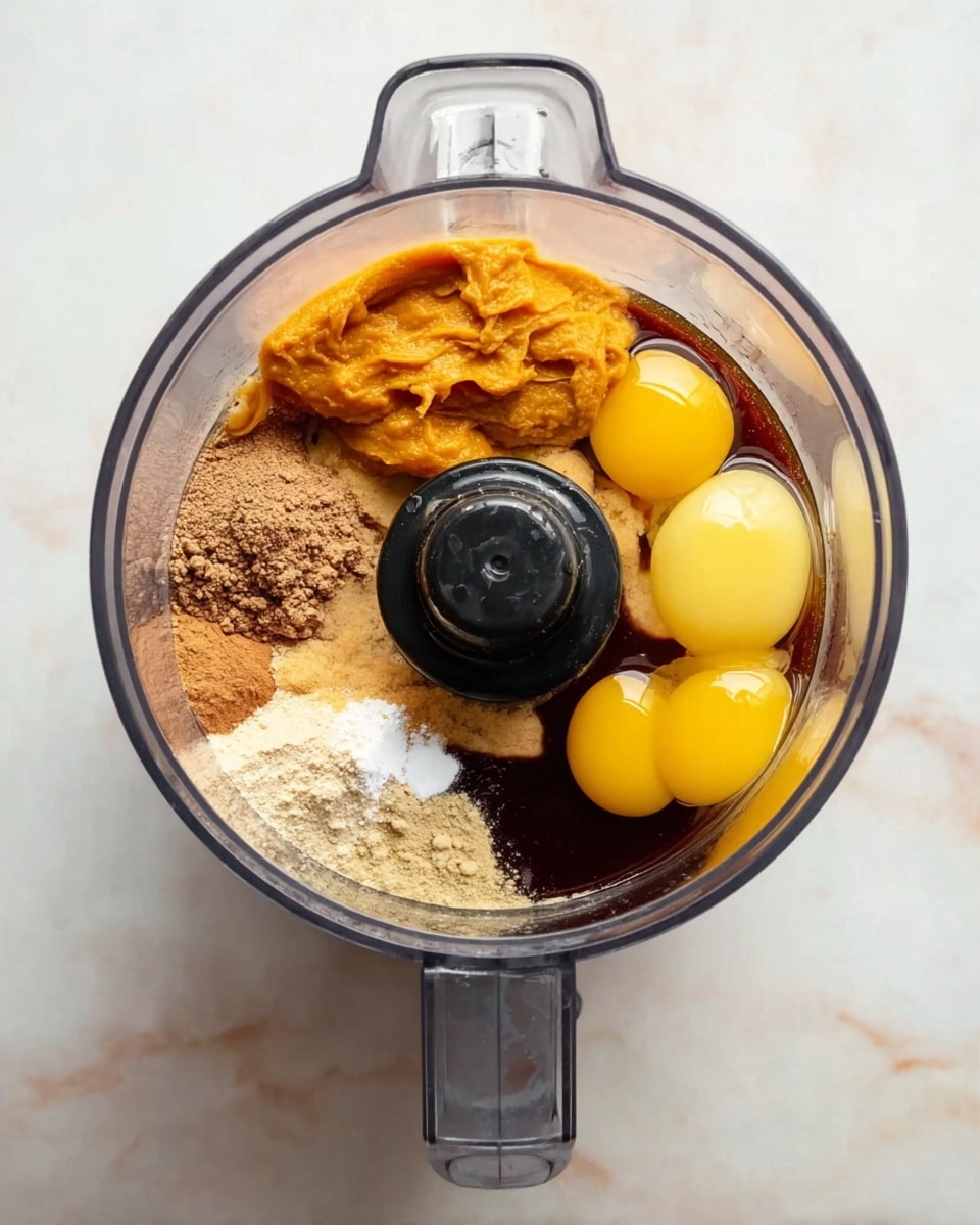 A top view of a clear food processor bowl shows layered ingredients inside. There are three raw egg yolks on the right side, bright yellow and round. Next to the yolks, near the top right, is a thick orange mash. Dark brown liquid is poured on the left side, pooling around other ingredients. A pile of light brown powder and a small amount of white powder sit near the center bottom. The food processor blade is black and placed in the middle, with a clear lid and handle. The surface under the bowl has a white marbled texture. photo taken with an iphone --ar 4:5 --v 7