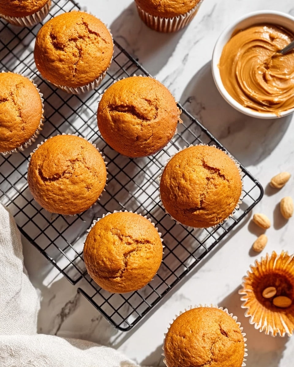 The image shows a group of golden brown muffins with slightly cracked tops, arranged on a black cooling rack. Some muffins are fully visible, while others are shown from the side with liners around them. To the top right, there is a white bowl filled with smooth peanut butter and a few scattered peanuts nearby. The whole scene is set on a white marbled surface with a white cloth partially visible in the bottom left corner. The lighting is bright and natural, highlighting the muffins' warm, soft texture. photo taken with an iphone --ar 4:5 --v 7