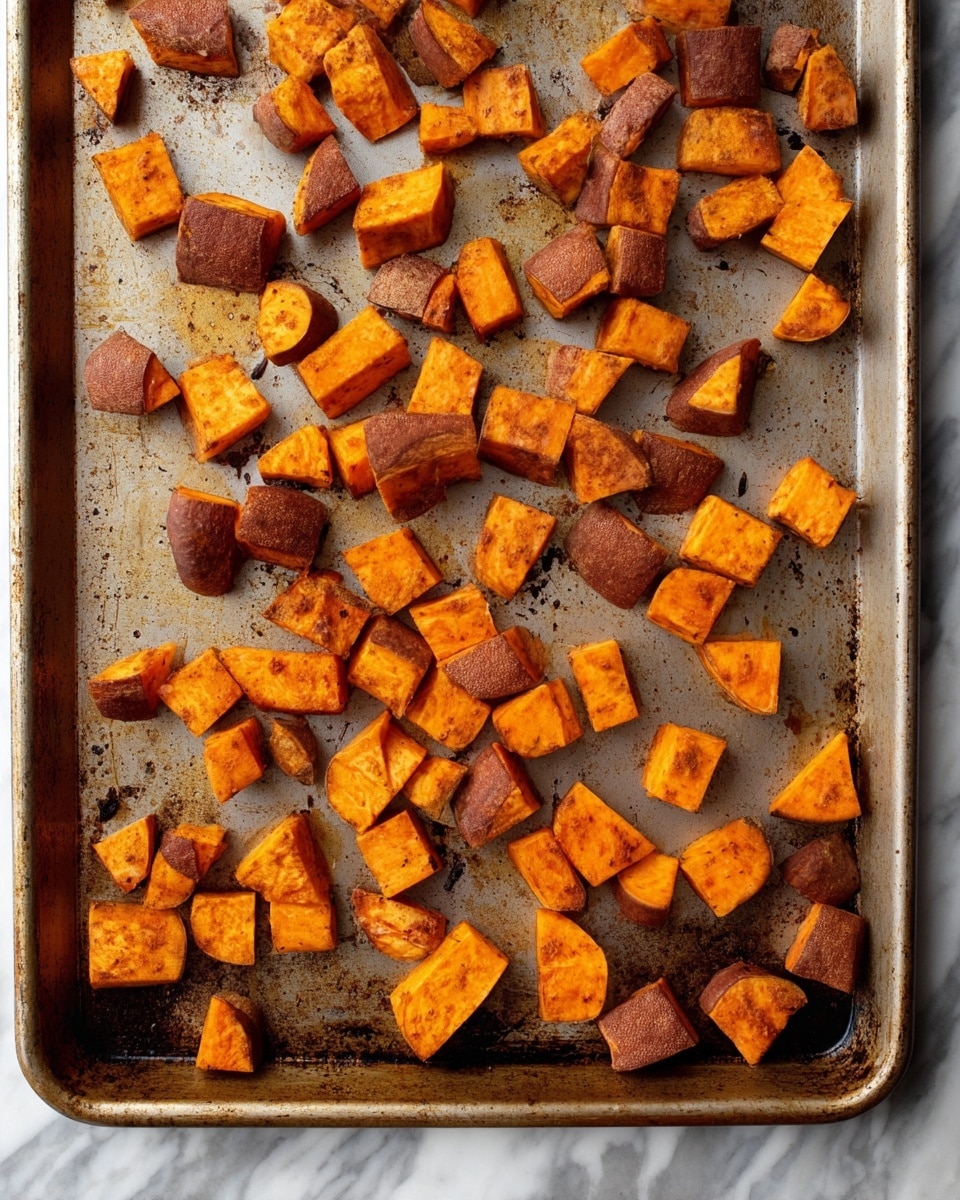 The image shows small roasted sweet potato pieces spread out on a metal baking tray. Each piece has a rough dark brown skin with bright orange soft inside, with shapes mostly square and wedge-like, scattered unevenly across the tray. The tray itself has a worn, slightly shiny surface with some browned spots from cooking. The background underneath the tray is a white marbled texture. photo taken with an iphone --ar 4:5 --v 7