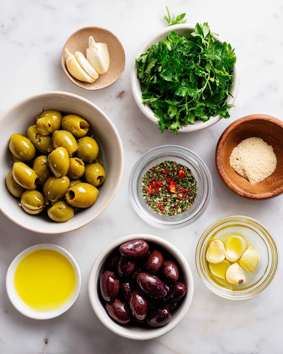 The image shows eight small white bowls and dishes arranged on a white marbled surface. The largest white bowl in the center left is filled with shiny light green olives stuffed with small red pieces. Below it, another white bowl holds dark purple olives with a moist surface. To the center right, a bowl contains fresh bright green parsley leaves. Two small wooden bowls are present, one with a beige paste, and the other with mixed dried herbs with visible red flakes. Two clear glass bowls hold yellow garlic cloves and a small amount of light yellow liquid, respectively. A white bowl on the bottom left is filled with golden olive oil. The setup is clean and bright, with soft natural light highlighting the textures. Photo taken with an iphone --ar 4:5 --v 7