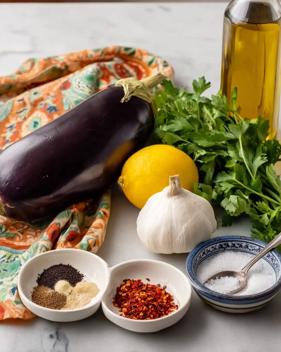The image shows fresh ingredients on a white marbled surface. At the front, there is a large dark purple eggplant on the left side. Next to the eggplant is a bright yellow lemon and a whole white garlic bulb. In front of these are two small white bowls: one with several spices in red, brown, and black, and the other with red chili flakes. To the right behind the garlic and lemon, there is a colorful small bowl with white salt and a silver spoon inside. Behind all the ingredients, a bunch of green parsley lies beside a bottle of golden olive oil and a cloth with orange, green, and brown floral patterns. photo taken with an iphone --ar 4:5 --v 7
