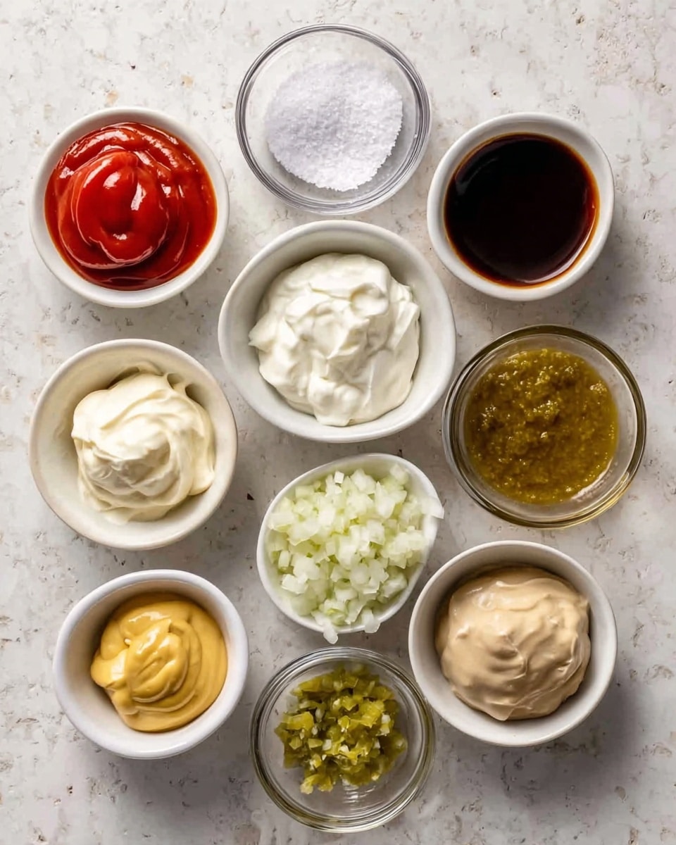 The image shows nine small white bowls arranged on a white marbled surface in a loose grid. Each bowl contains a different sauce or ingredient: bright red ketchup with a smooth texture at the top left, dark brown soy sauce with a shiny, liquid surface at the top right, coarse white salt granules in the middle left, thick white sour cream with a creamy texture in the center, smooth pale beige mayonnaise below the sour cream, finely chopped white onions with a slightly moist look next to the mayonnaise, bright yellow mustard with a slightly grainy texture in a small bowl near the top right, chopped green pickles with a shiny, wet texture near the bottom center, and creamy beige horseradish with a slightly rough texture in a bowl at the bottom left. The light highlights the various textures clearly. Photo taken with an iphone --ar 4:5 --v 7