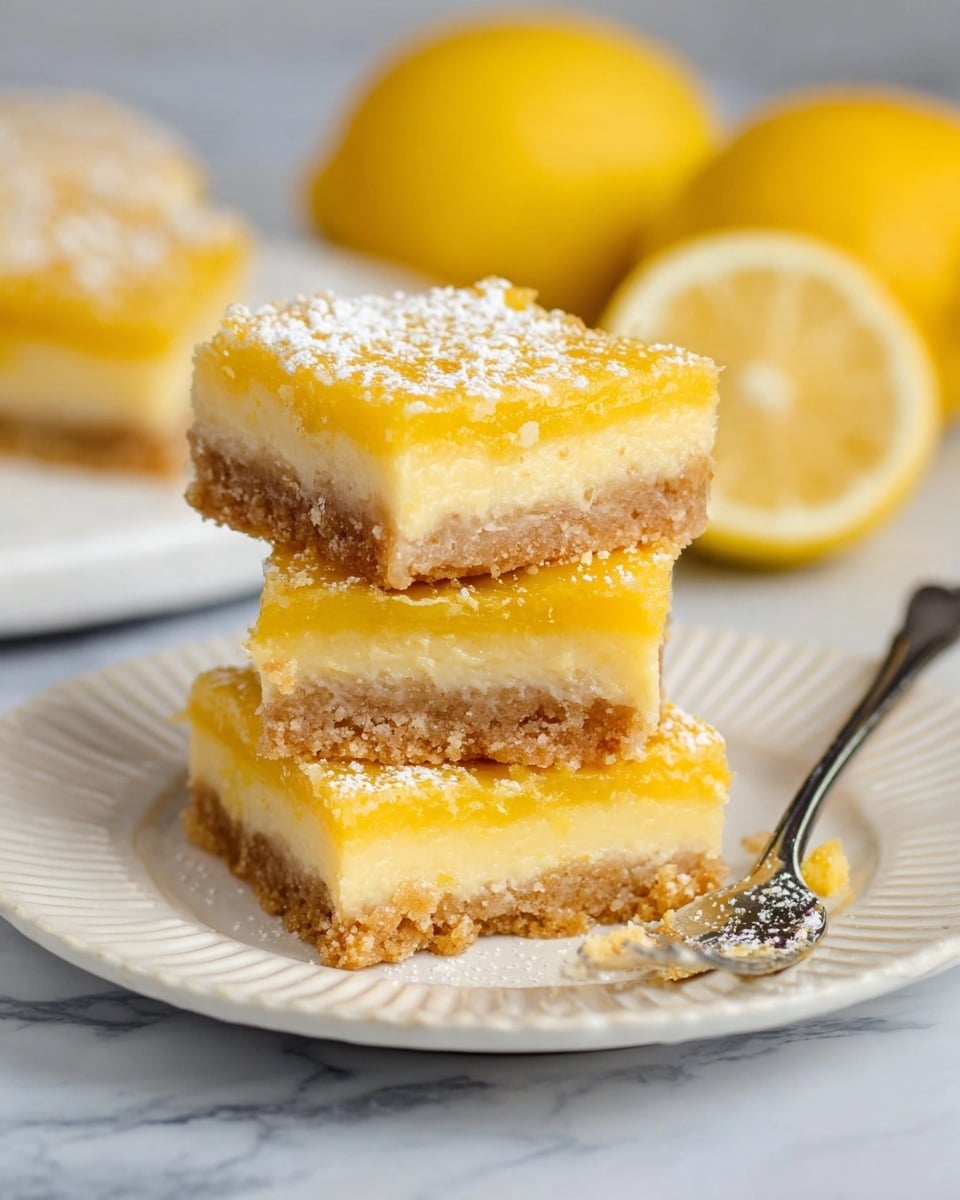 There is a stack of three square lemon dessert bars on a white ridged plate. Each bar has three layers: a thick light brown crumbly base with a slightly rough texture, a thin pale yellow middle layer that looks smooth and creamy, and a thicker bright yellow top layer with a glossy, slightly uneven texture, sprinkled lightly with white powdered sugar. To the right on the plate is a silver fork with traces of lemon filling. In the background, there are whole lemons and a lemon slice on a white marbled surface. Photo taken with an iphone --ar 4:5 --v 7