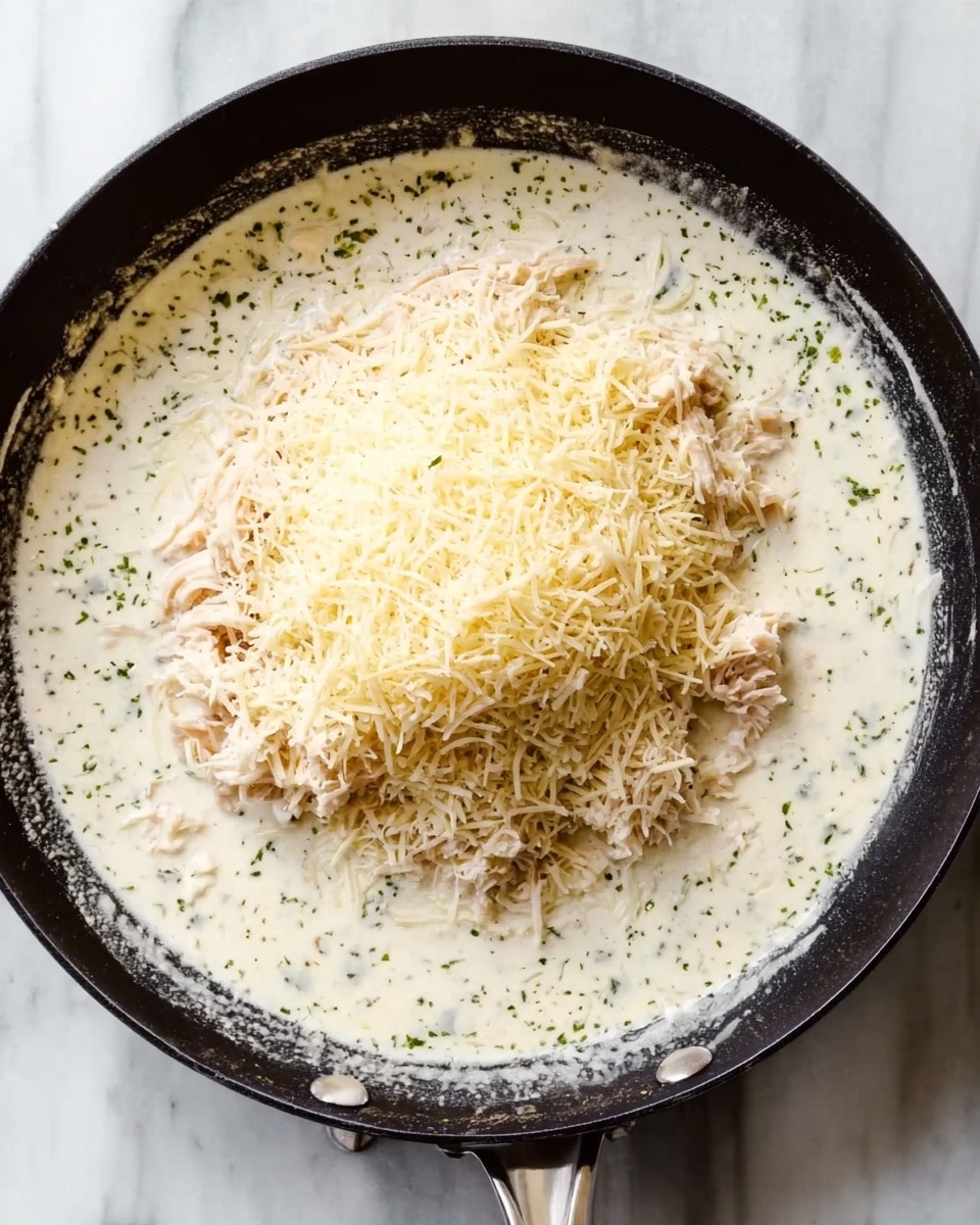 A black skillet filled with a creamy white sauce that has small green herb flecks throughout. In the center, there is a mound of shredded light beige pieces, topped with a generous layer of finely grated pale yellow cheese. The skillet sits on a white marbled surface. photo taken with an iphone --ar 4:5 --v 7