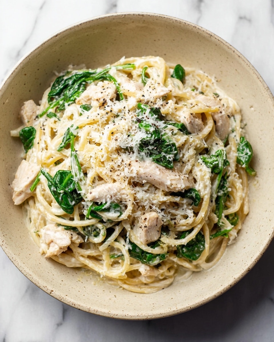 A beige ceramic bowl holds a dish of spaghetti mixed with creamy white sauce, scattered with tender pieces of white chicken. Bright green spinach leaves are interspersed throughout, adding a fresh contrast to the noodles. The sauce coats the pasta in a smooth texture, with some grated white cheese sprinkled on top. The dish sits on a white marbled surface, showing some specks of black pepper over the whole bowl. Photo taken with an iphone --ar 4:5 --v 7