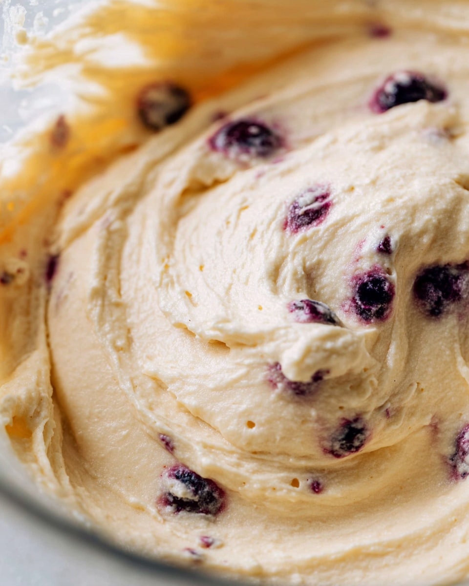 A close-up view of light beige, creamy batter mixed with dark purple berries, showing a thick and smooth texture with a few small air bubbles. The batter fills the bottom of a clear bowl, with some swirled folds and pockets of berries scattered unevenly. The overall look is soft and dense, with the berries peeking through the batter in multiple spots. Photo taken with an iphone --ar 4:5 --v 7