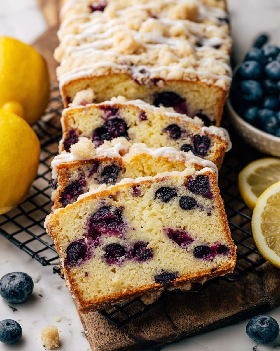 The image shows three thick slices of blueberry lemon cake with a crumb topping. Each slice has a yellowish cake base dotted with dark purple blueberries inside, and a light crumb layer on top with a few streaks of white icing drizzled over it. The cake slices rest on a black wire rack placed on a wooden surface. Surrounding the cake are some fresh blueberries and two lemons, one whole and one sliced in half. The background is a white marbled texture. photo taken with an iphone --ar 4:5 --v 7
