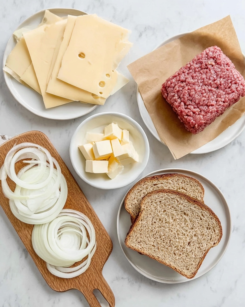The image shows ingredients for a sandwich laid out on a white marbled surface. In the center, there is a white plate with four slices of light brown bread with a grainy texture. Above the plate, there is another white plate holding several pale yellow slices of cheese with holes. To the right of the cheese plate, there is a small white bowl with several small, pale yellow cubes of butter. Next to the butter bowl, there is a block of raw ground meat resting on brown paper. On the left side, thinly sliced white onions are arranged in overlapping layers on a small wooden cutting board with a handle. Photo taken with an iphone --ar 4:5 --v 7