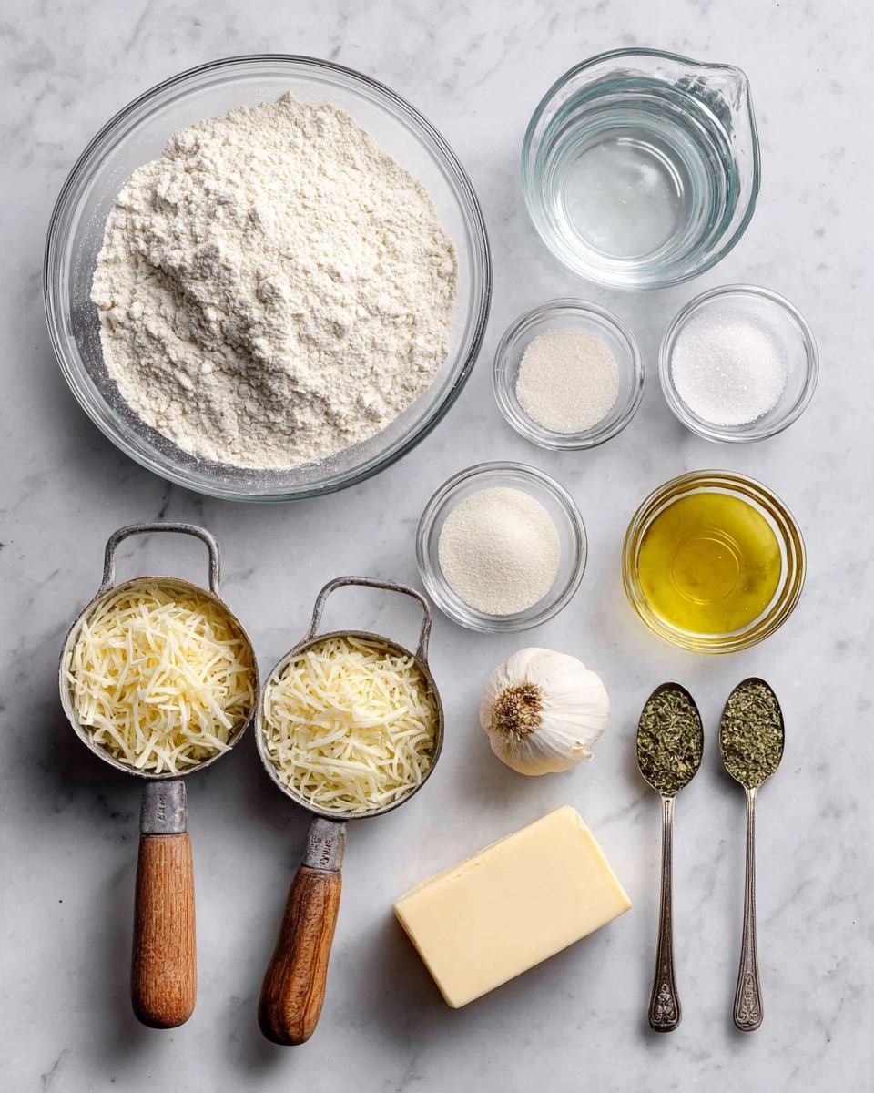 A collection of baking ingredients neatly arranged on a white marbled surface, including a large clear glass bowl filled with white flour on the left, a glass measuring cup with water beside it, and small clear glass bowls containing white granulated sugar, dry yeast, and salt aligned in a row. Below these, two metal measuring cups with wooden handles hold shredded pale yellow cheese and dried green herbs, with a whole white garlic bulb and a pale yellow block of butter resting nearby. Another small clear bowl holds golden olive oil, and two metal measuring spoons with dried green leaves and herbs are placed on the right. photo taken with an iphone --ar 4:5 --v 7
