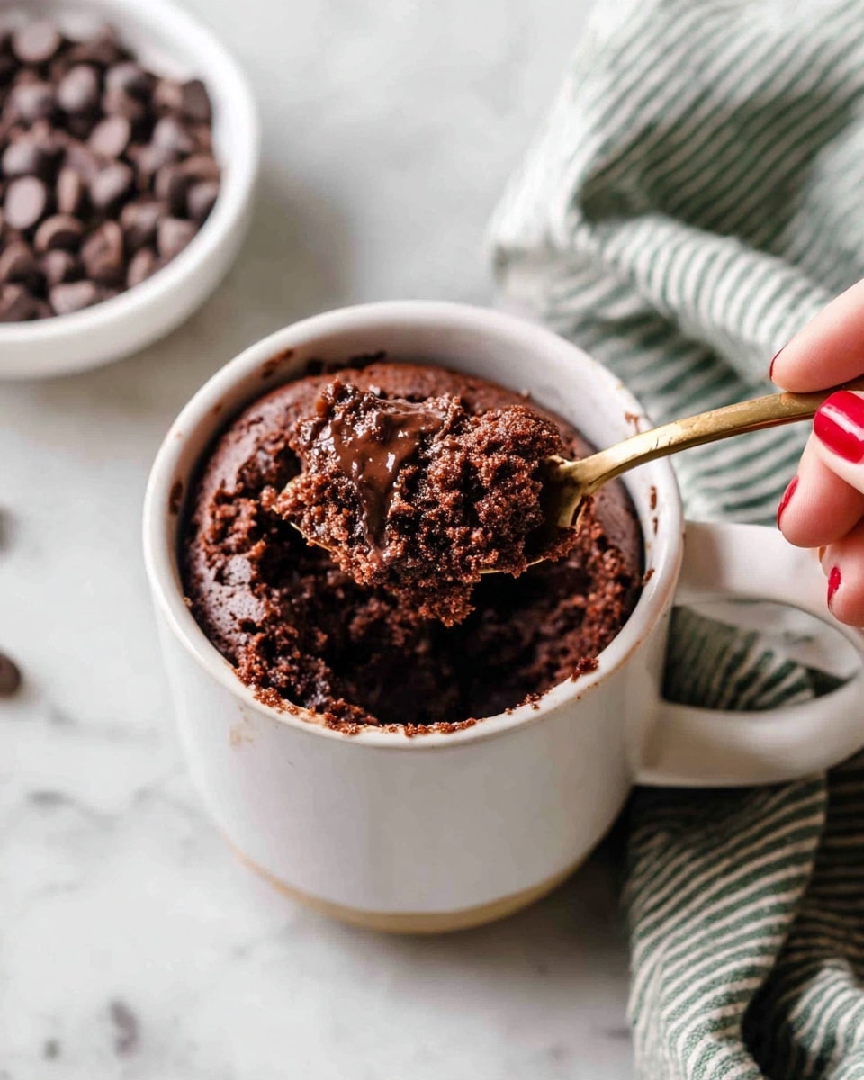 A white mug holds a soft chocolate mug cake with a rich, slightly melted chocolate center, giving a moist and crumbly texture in dark brown shades. A woman’s hand with red nail polish is using a golden spoon to scoop into the cake, lifting a chunk of the moist, textured chocolate cake. The mug rests on a white marbled surface next to a white bowl filled with dark chocolate chips, with a green and white striped cloth partially folded nearby. The scene shows a close-up view highlighting the warm, inviting texture of the chocolate cake. photo taken with an iphone --ar 4:5 --v 7