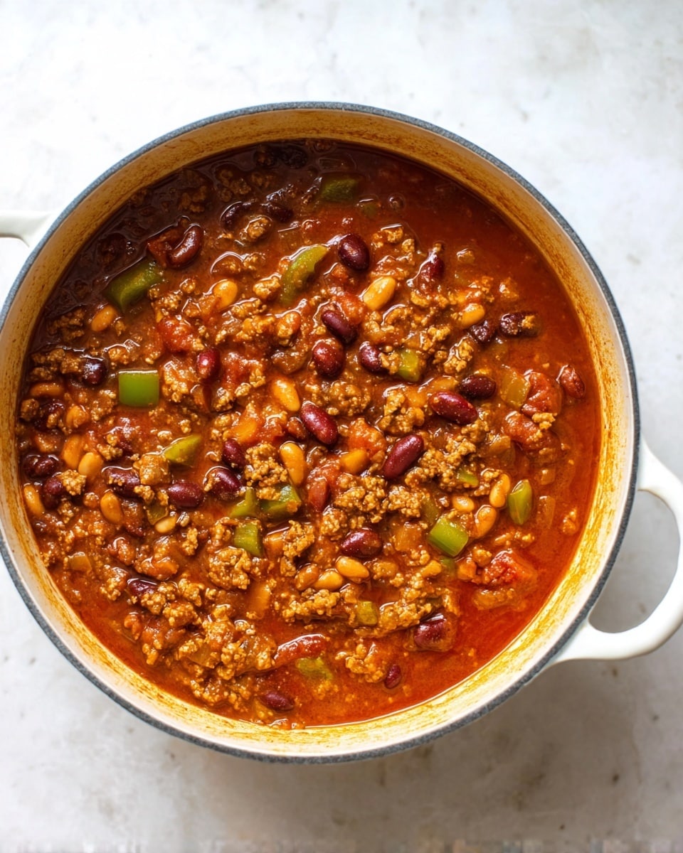 A white pot filled with thick chili showing many layers of chunky brown ground meat mixed with small dark red and white beans, diced green bell peppers, and bits of tomato in a rich, deep red-orange sauce. The pieces are evenly spread throughout the pot, with the texture looking hearty and slightly wet. The pot sits on a white marbled surface. photo taken with an iphone --ar 4:5 --v 7