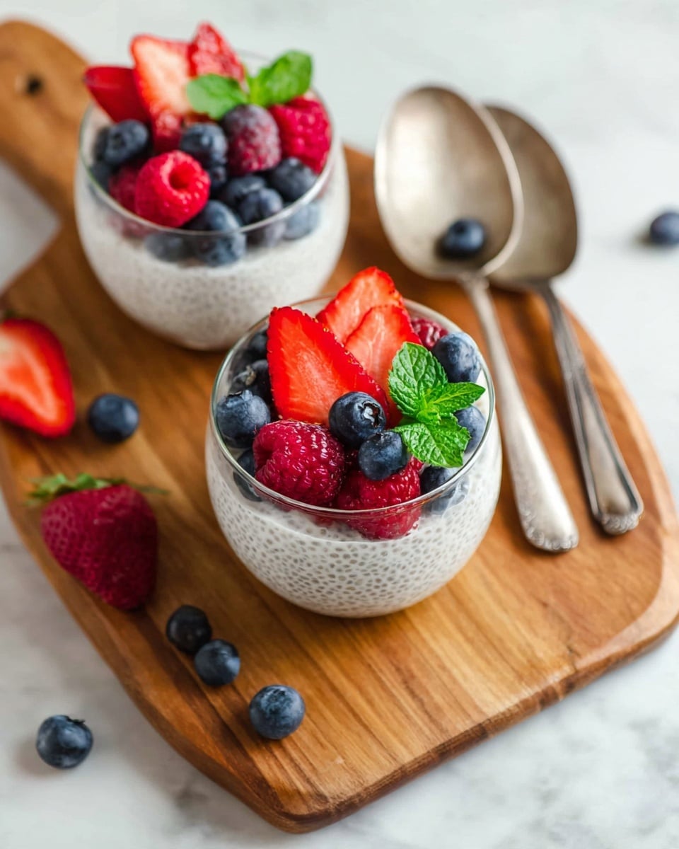 Two clear glasses filled with creamy white chia pudding, each topped with a layer of fresh fruits including bright red halved strawberries, deep red raspberries, and dark blue blueberries, along with small green mint leaves for garnish. The glasses sit on a wooden board with a smooth natural wood grain texture, accompanied by two vintage silver spoons resting on the board near the top right. There are extra scattered blueberries, raspberries, and a strawberry half on the board and the white marbled surface beneath, creating a fresh and colorful scene. Photo taken with an iphone --ar 4:5 --v 7