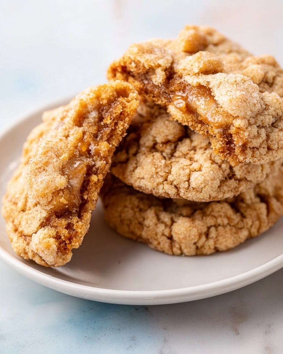 A close-up view of three large, crumbly cookies with a rough, cracked surface, all placed on a white plate. Two whole cookies rest stacked on the right side of the plate, showing a golden-brown color with a sugary texture, while one cookie lies broken in half on the left side, revealing a soft, gooey inside with visible layers of dough and melted filling. The plate is set on a white marbled surface with a soft natural light highlighting the cookies' texture and color. photo taken with an iphone --ar 4:5 --v 7