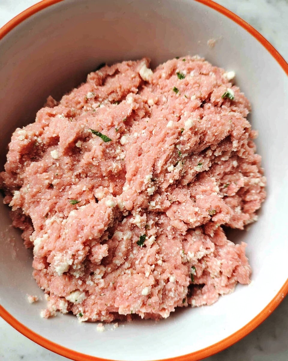 A close-up view of a white bowl with an orange rim filled with pink mixed meat combined with small white chunks and tiny green specks. The mixture looks soft and slightly coarse with irregular texture, loosely packed inside the bowl. The bowl sits on a white marbled surface, showing the rough and crumbly detail of the mixture's surface photo taken with an iphone --ar 4:5 --v 7