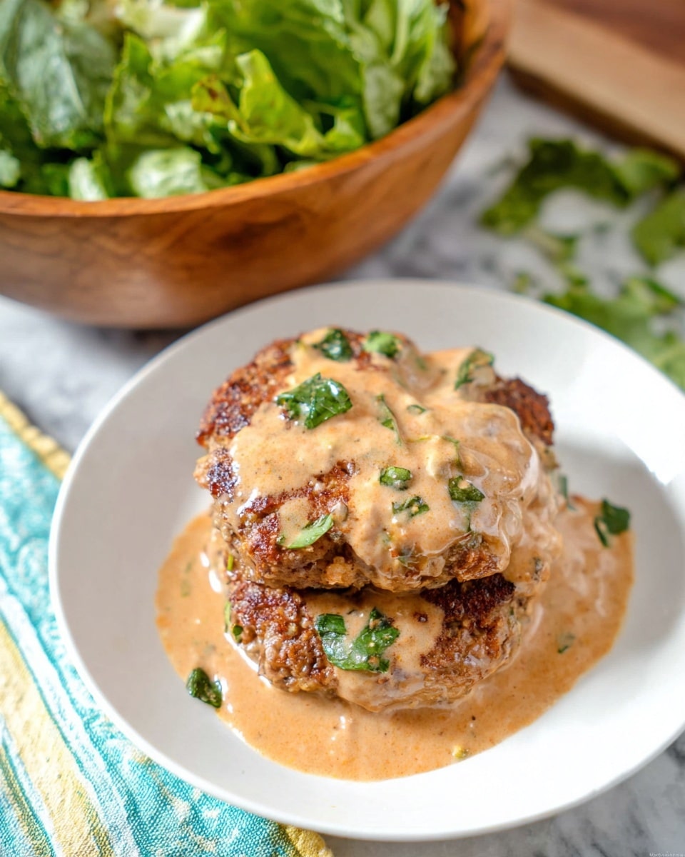 The image shows a white plate with two stacked, round patties covered in a creamy, light brown sauce with green herb pieces on top. The patties have a browned, grilled texture with a slightly rough surface. The sauce looks thick and drapes unevenly over the patties, with some sauce pooling around the base. In the background, there is a wooden bowl filled with green leafy salad and some loose salad leaves around it, all placed on a white marbled surface. photo taken with an iphone --ar 4:5 --v 7