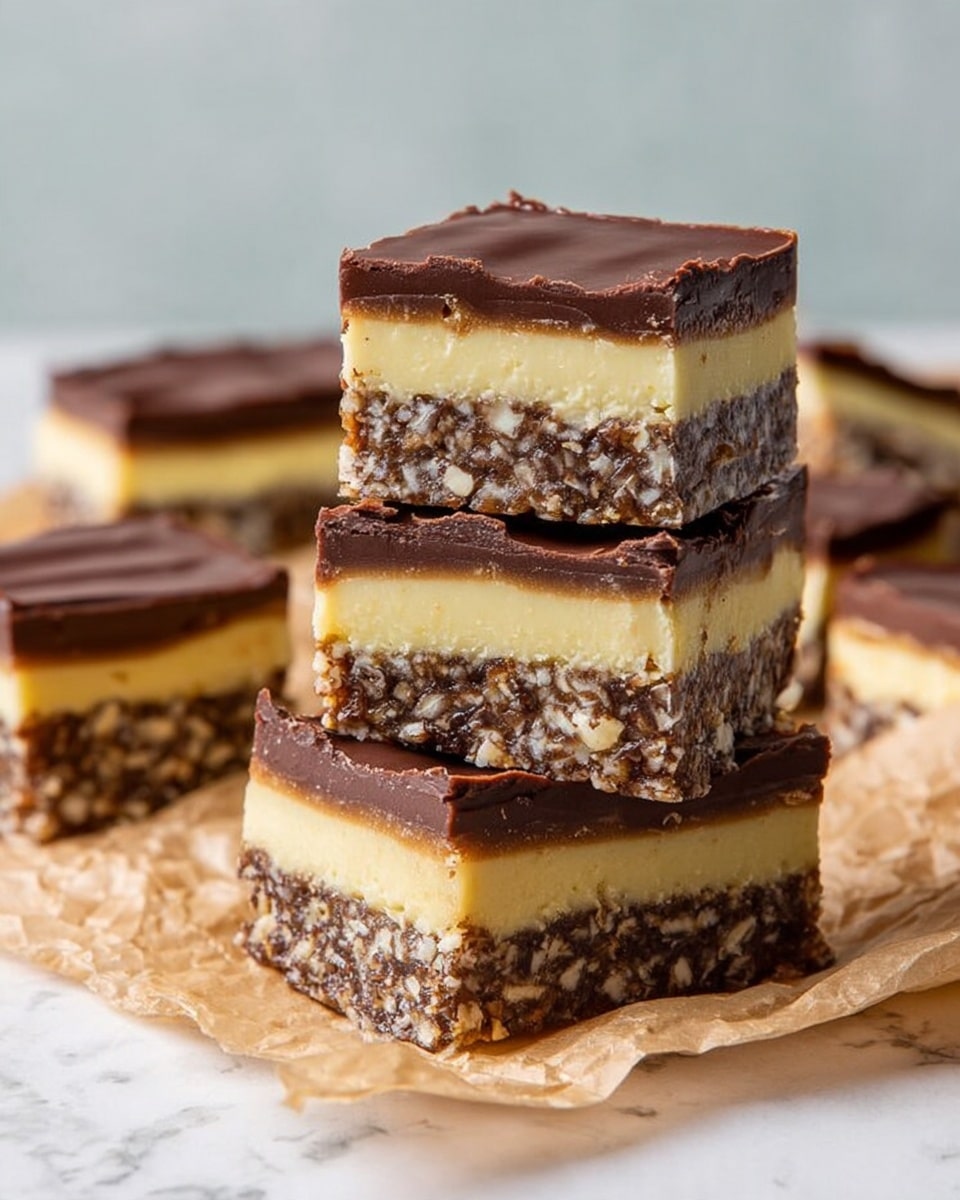 The image shows a stack of four square dessert bars with three clear layers. The bottom layer is thick and nutty with a rough texture and dark brown color, the middle layer is creamy and smooth with a pale yellow color, and the top layer is a solid, shiny chocolate brown. There are more similar bars lying around the stack on a piece of crumpled parchment paper, all placed on a white marbled surface. Photo taken with an iphone --ar 4:5 --v 7