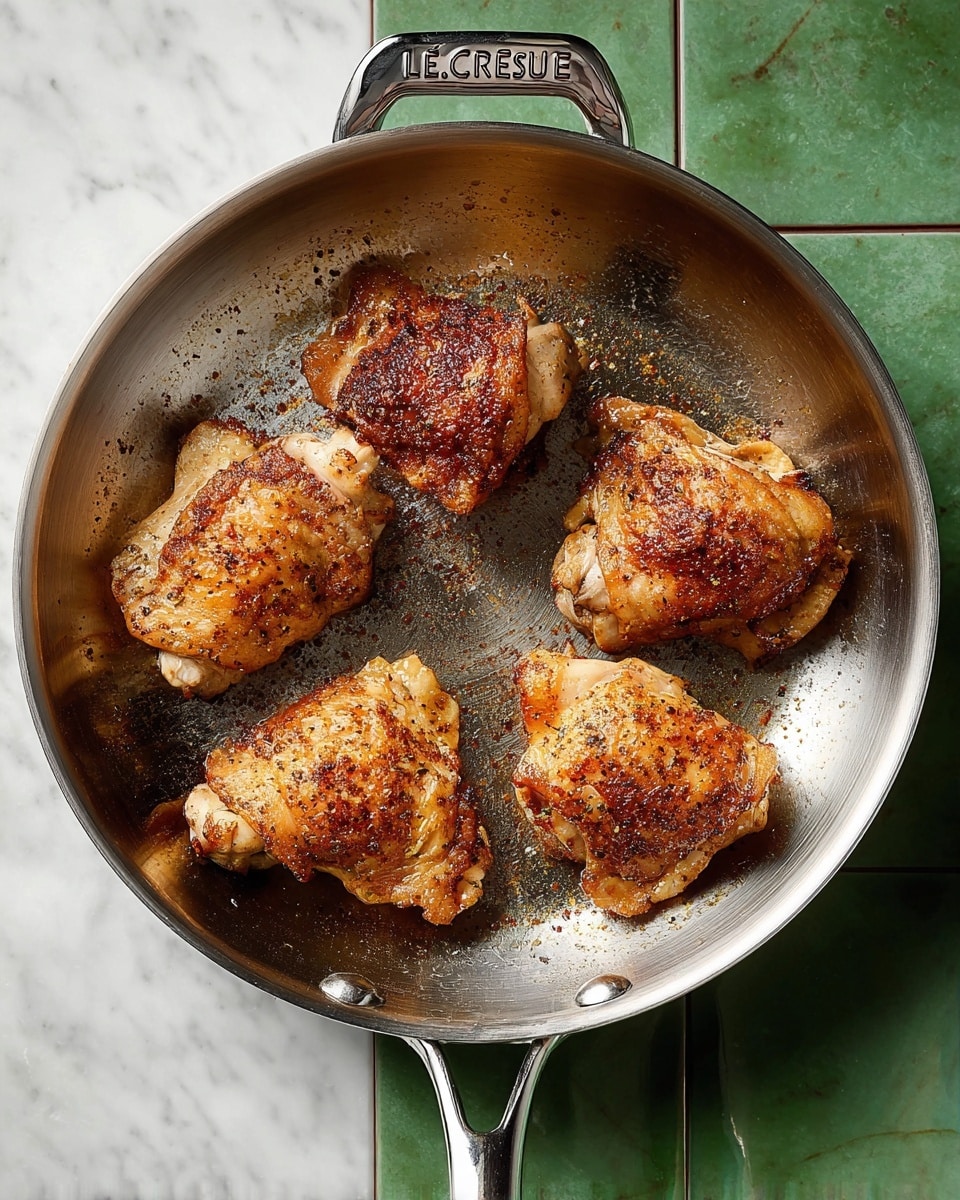 A shiny silver pan holds five browned pieces of cooked chicken thighs, each lightly spiced with a reddish seasoning dusted on the top. The chicken pieces are spread evenly, showing a golden grilled texture with slight crisp edges. The pan’s metal surface reflects light, with the handle labeled