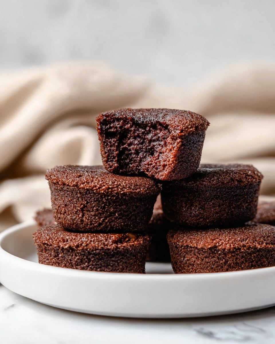 The image shows several round, rich dark brown brownies stacked closely on a white round plate with a white marbled background. The brownies have a crumbly-looking texture on the top and sides, with one brownie on the top center having a bite taken out that reveals a moist and dense inside with a slightly textured, chocolaty center. In the background, a soft beige cloth lays loosely, adding a cozy element to the scene. photo taken with an iphone --ar 4:5 --v 7