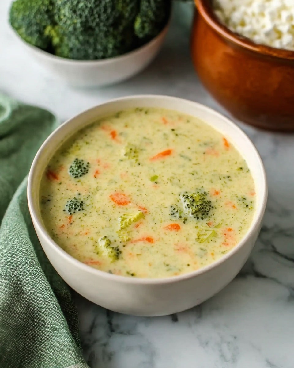 A white bowl filled with creamy broccoli soup sits on a white marbled surface. The soup has small green broccoli pieces and orange carrot slices spread evenly throughout its light, creamy base. Behind the bowl, there is a green broccoli floret and part of a white bowl with cottage cheese, as well as a round clay brown pot filled with more broccoli. A soft green cloth is on the left side of the image. The photo is taken with an iphone --ar 4:5 --v 7