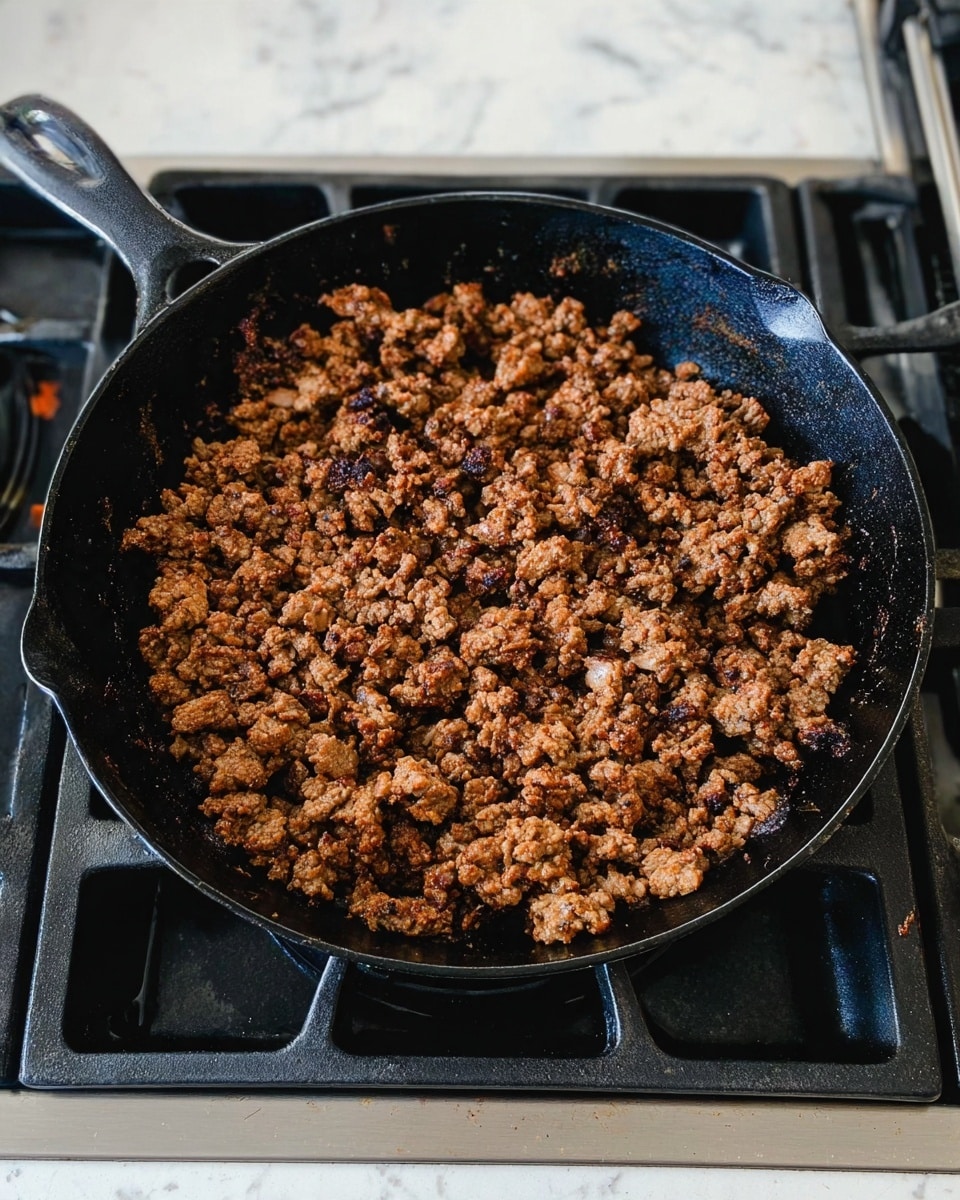 The image shows a black cast iron pan filled with cooked ground beef on a stove. The pan is round and has a thick handle, with the beef browned and slightly crispy in some spots. The ground beef has a mix of dark brown and lighter brown colors, with a crumbly texture and some small oil patches visible around it. The stove beneath has black grates and metal parts, and the background is a white marbled surface. photo taken with an iphone --ar 4:5 --v 7